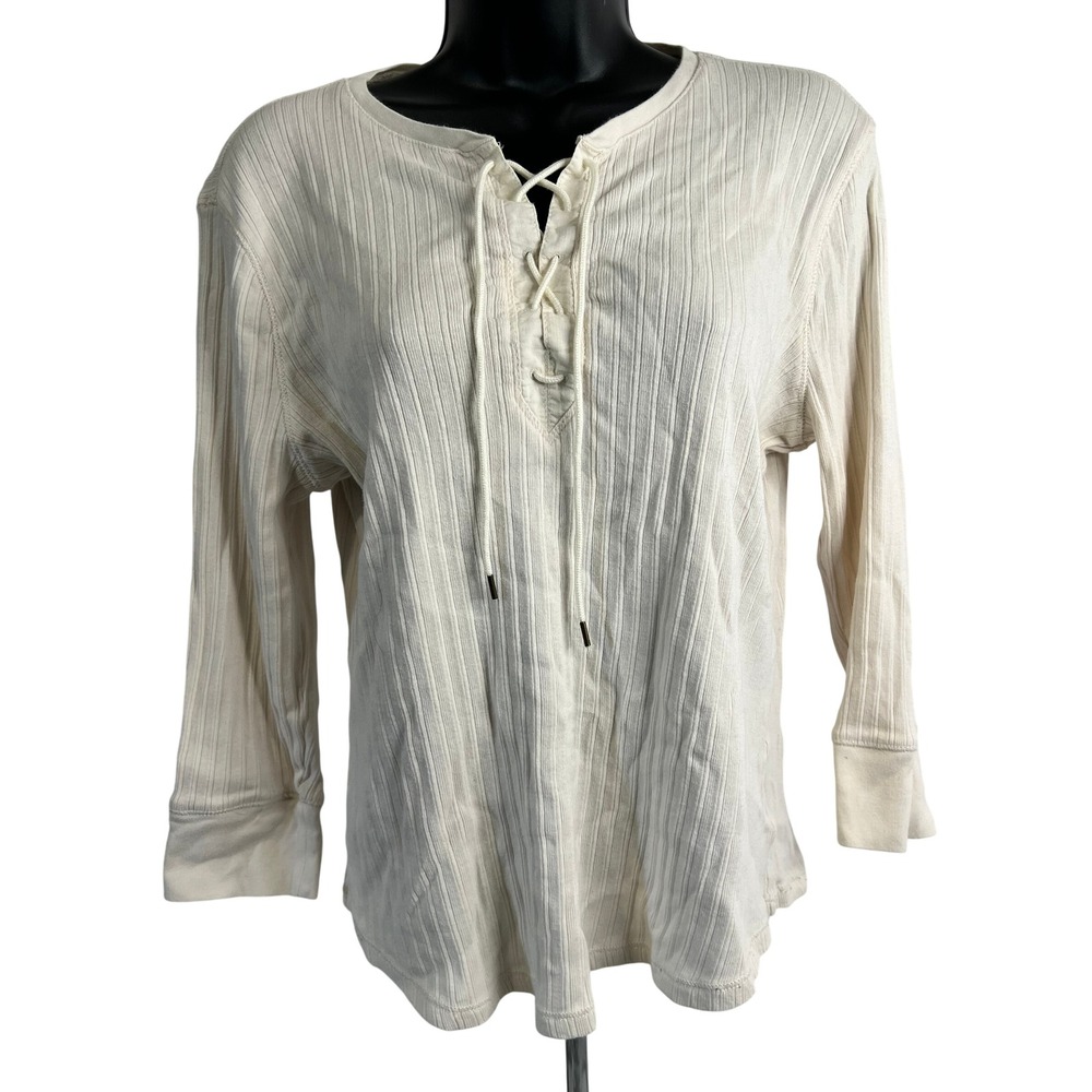Lauren Ralph Lauren Women Beige Ribbed Lace Up Henley Shirt Long Sleeve PL
